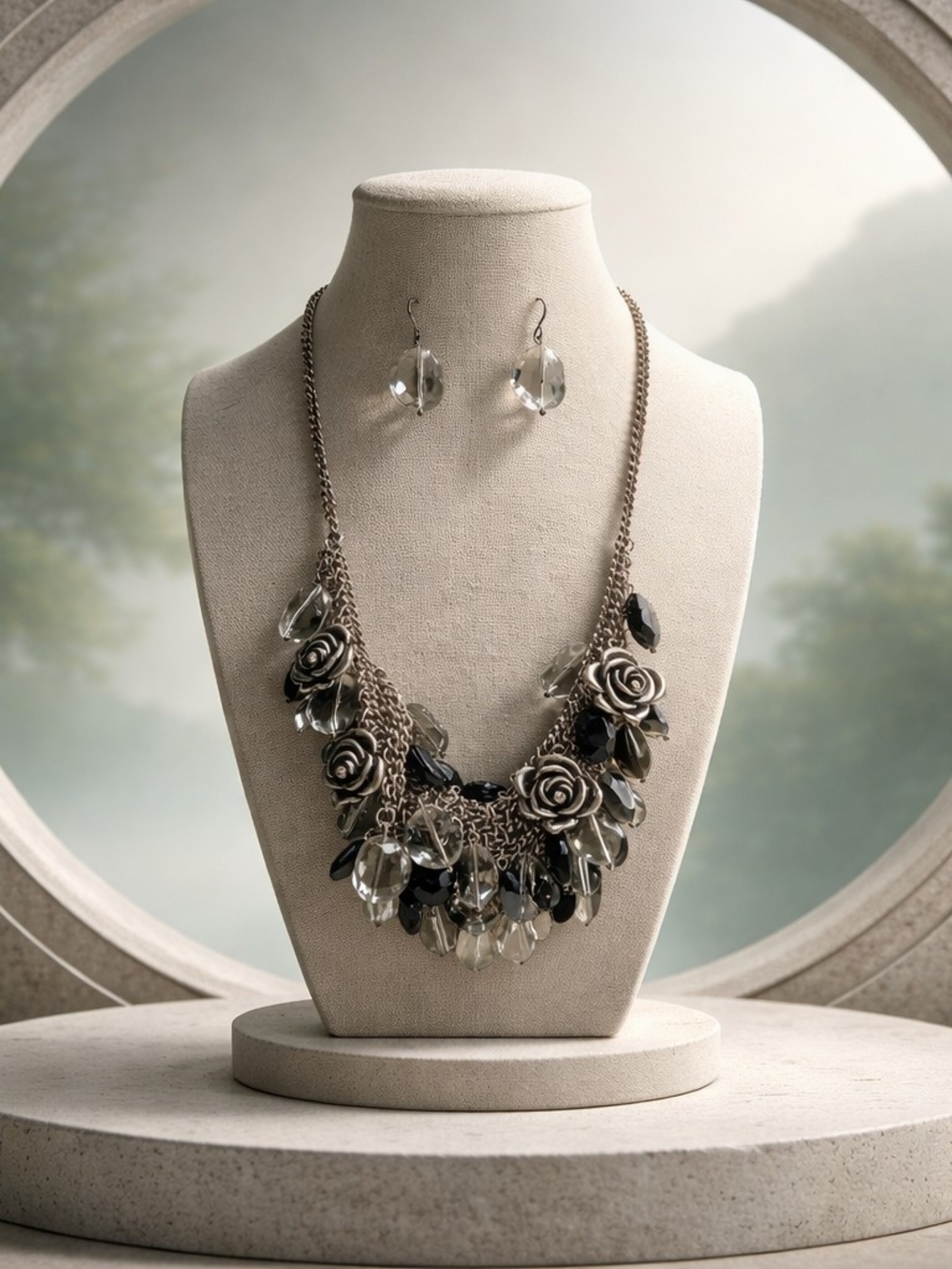 Statement Floral Drop Necklace - Black & Clear